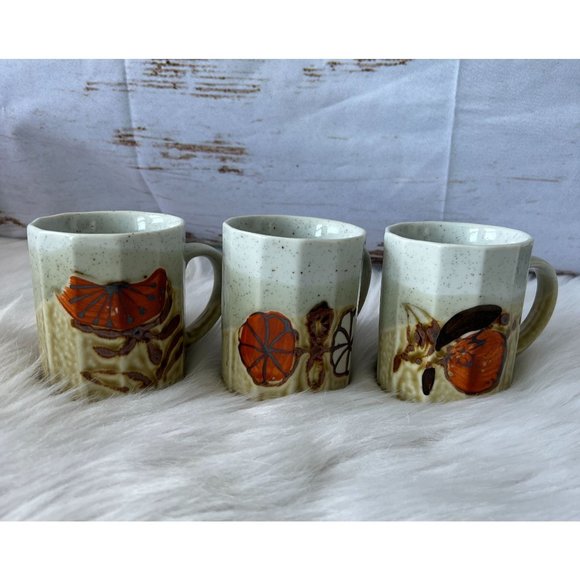 Set of 3 Vintage Japanese Stonewear Mugs, Earth tones with orange designs. - Picture 1 of 6